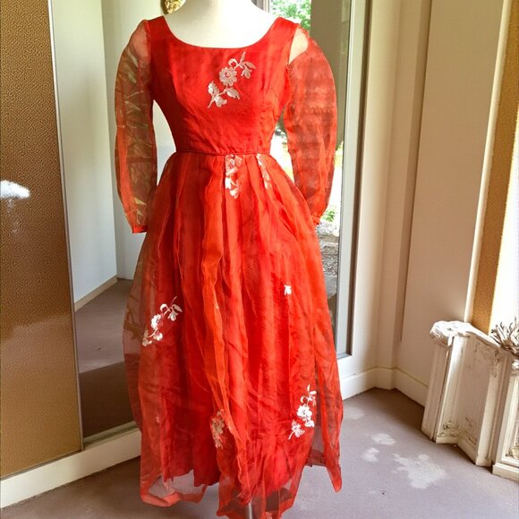 Vintage Handmade Ethnic Embroidered Sheer Chiffon Full Skirt Maxi Dress XXS - Picture 1 of 8